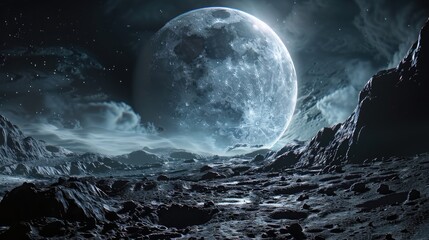 Describe a breathtaking scene where the rugged moon surface unfolds beneath a vast sky dominated by the majestic presence of a colossal neighboring planet