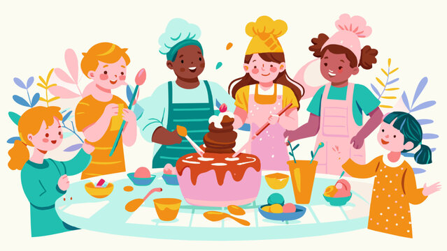 Diverse Children Enjoying a Cake Decorating Workshop. World Chocolate Day