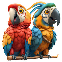 A 3D animated cartoon render of a cheerful macaw working with a sailor to overcome obstacles.