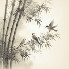 Fototapeta premium Three birds on bamboo branch, monotone ink brushstroke painting