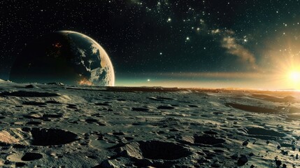 Describe a breathtaking scene where the rugged moon surface unfolds beneath a vast sky dominated by...