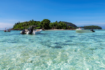 Tropical sea and beautiful island beach in Seychelles. 