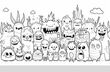 A large group of cartoon characters, all with different expressions and body shapes, surrounded by lots of other cute little monsters in the style of a coloring page for kids. 