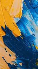 Colorful abstract painting featuring dynamic brush strokes in vibrant blue and yellow hues, creating an energetic interplay of textures and patterns.