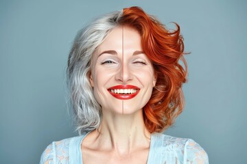 Visual age comparison for Babyboomers: split skin care, facial contrasts, and hair color secrets to refine aging stages.