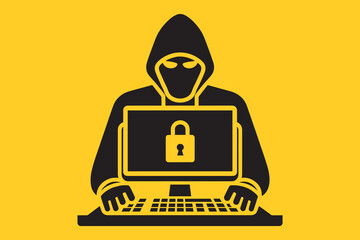 Hacker hacking a computer. Danger on the Internet. Hacking a private account. Simple black icon, vector illustration