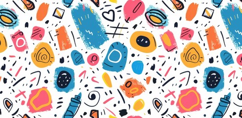 A seamless pattern of colorful hand drawn doodles, thick marker lines and simple shapes on a white background in a playful, fun, simple style.