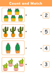 Counting educational children game. Math kids activity sheet. How many counting game with cute cactus illustration.