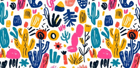 A seamless pattern of colorful hand drawn doodles, thick marker lines and simple shapes on a white background in a playful, fun, simple style.