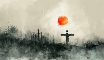 A silhouette of Jesus carrying the cross with a sun in the background, in a simple watercolor...