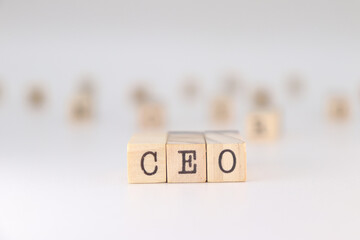 Acronym CEO written on wooden cubes isolated on white background . Concept text for chief executive officer