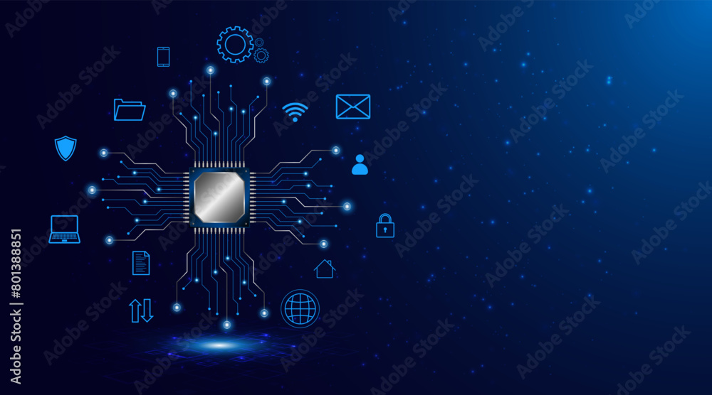Aufkleber Microchip processor circuit board technology on dark blue background. Information Processing Concept. Circuit board hi-tech technology background. vector illustration	