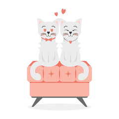 A pair of cute white kittens in love on a sofa. Festive illustration for Valentine's Day, vector
