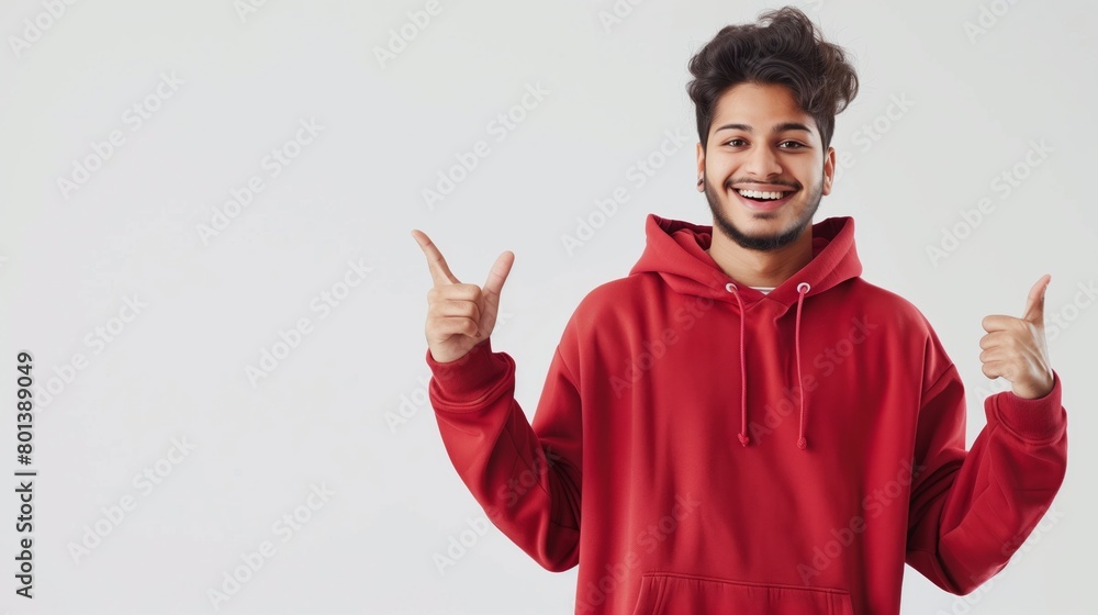 Sticker Young man in a red hoodie smiling and pointing with both hands, isolated on a white background.