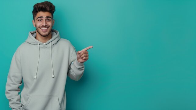 Cheerful young man in a gray hoodie pointing sideways on a turquoise background. - Powered by Adobe