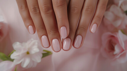 Fototapeta premium Close-up of both hands with healthy nails, spa treatment, manicure, beauty, and nail care elements.
