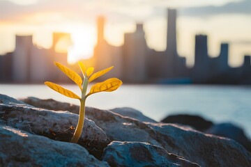 Young plant sprouting from rocky terrain, illuminated by golden sunlight with blurred city skyline backdrop
