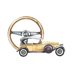 Obraz premium Vintage retro car in ochre color. Wooden retro car steering wheel. Watercolor illustration made by hand, isolated. For banners, flyers, posters. For prints, stickers, postcards.