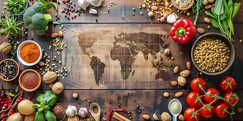 Diverse Culinary Delights and Flavors from Around the World on Wooden Table with Map Background