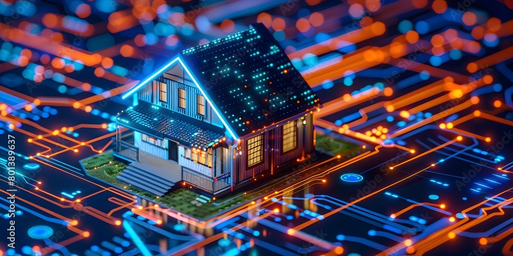Poster futuristic smart home automation and home technology concept with powered digital home systems and i