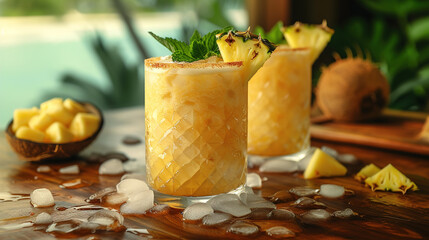 A sunny beach with two summer coconut milk cocktails adorned with slices of pineapple