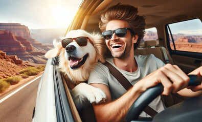 A handsome guy with glasses, along with a dog and a golden retriever, travel by car through the desert, passing by a canyon - obrazy, fototapety, plakaty