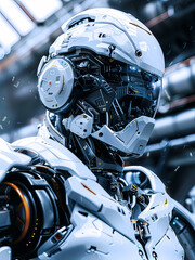 Closeup portrait of a humanoid cyborg robot with modern futuristic artificial intelligence  technology 
