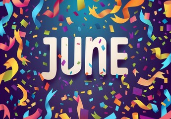 The word "JUNE" is written in white on the background of colorful confetti Generative AI