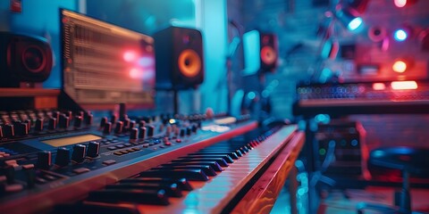 Creative Music Production Studio with Vibrant Neon Lighting and Advanced Sound Mixing Equipment for Capturing Professional Audio Recordings and Live