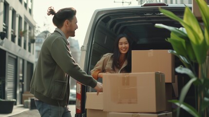 Young couple unpacking or packing cartons together from the back of a van in an urban setting.