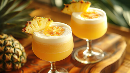 A sunny beach with two summer coconut milk cocktails adorned with slices of pineapple