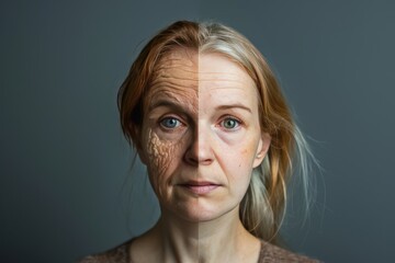 Discover aging secrets for Babyboomers with skin care splits, worry lines, and hair color techniques highlighting aging stages.