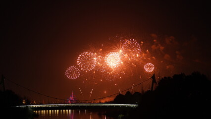 The colorful and beautiful fireworks show with the dark sky as background at night