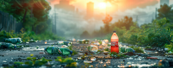 View of polluted streets in the city. Recycling concept.