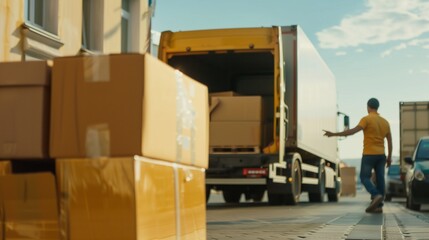 A worker unloading boxes from a delivery truck in a sunny outdoor setting.