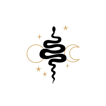 Abstract bohemian minimalist logo. Silhouette of snake with moon and sun symbols. Vector illustration on isolated background