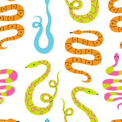 Obraz premium Colorful seamless pattern with cute various snakes. Vector flat funky background 
