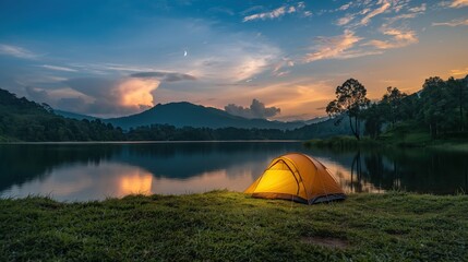 Tent by the lake in a beautiful landscape, evening time. Camping scene with tent on beautiful mountains and lake. 
Golden sunrise illuminating tent camping dramatic mountain landscape.