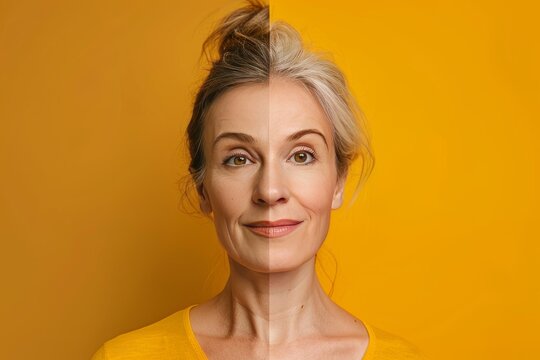 Babyboomer skin care secrets: aging stages depicted through worry lines, hair color diversity, and visual age comparisons.