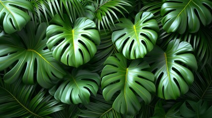 Tropical jungle Monstera plant leaves. Jungle wall background. Green tropical palm leaves with monstera foliage forest