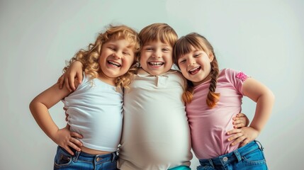 Three joyful children hugging and laughing, showcasing a close friendship on a light background.