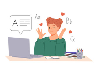 Woman student studies English language. Online education concept. Flat vector illustration
