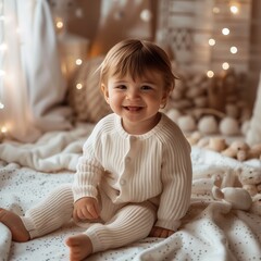 Fototapeta premium A cute baby boy in winter white pyjamas in beige room.