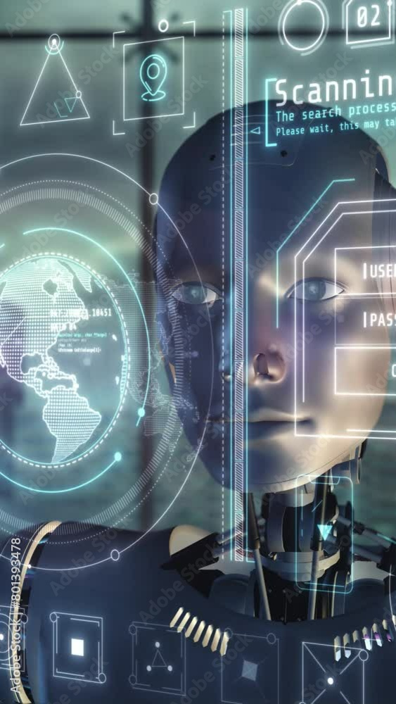 Poster artificial intelligence working with holographic infographic data.