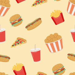 Easily modifiable vector elements. Digitally hand drawn fast food seamless pattern