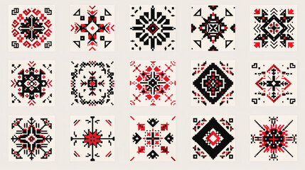 Symmetrical pixel designs of traditional Ukrainian folk ornament in red and black on white background. Perfect for ethnic-inspired projects and cultural themes - obrazy, fototapety, plakaty