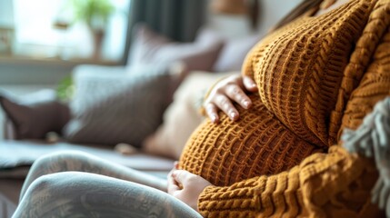 Expectant mother at home, caressing her belly. Focus on comfort and prenatal wellness