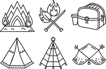 Set of black and white camping icons isolated on white background. Vector illustration