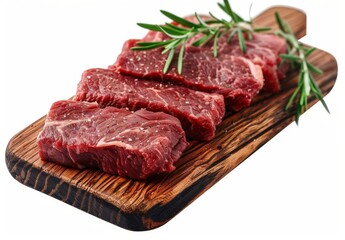 meat, raw beef steaks on wooden board isolated transparent background png. 
