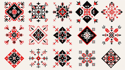 Symmetrical pixel designs of traditional Ukrainian folk ornament in red and black on white background. Perfect for ethnic-inspired projects and cultural themes - obrazy, fototapety, plakaty